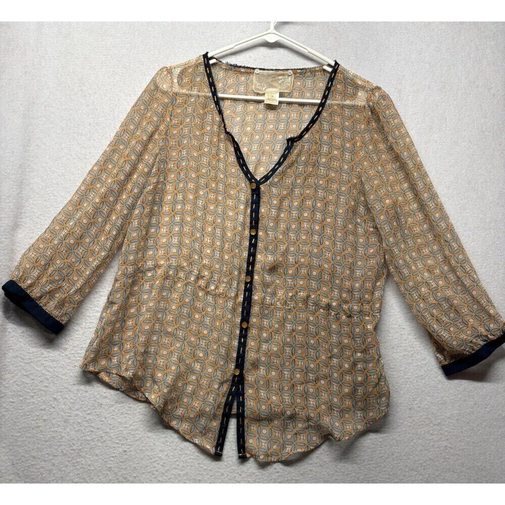 Anthropologie Nick & Mo Bead Button Up Sheer Blouse Top Geometric Boho Sz M